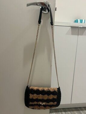 Zara Raffia Crochet Striped Crossbody Bag | Black & Natural | Gold Chain Strap